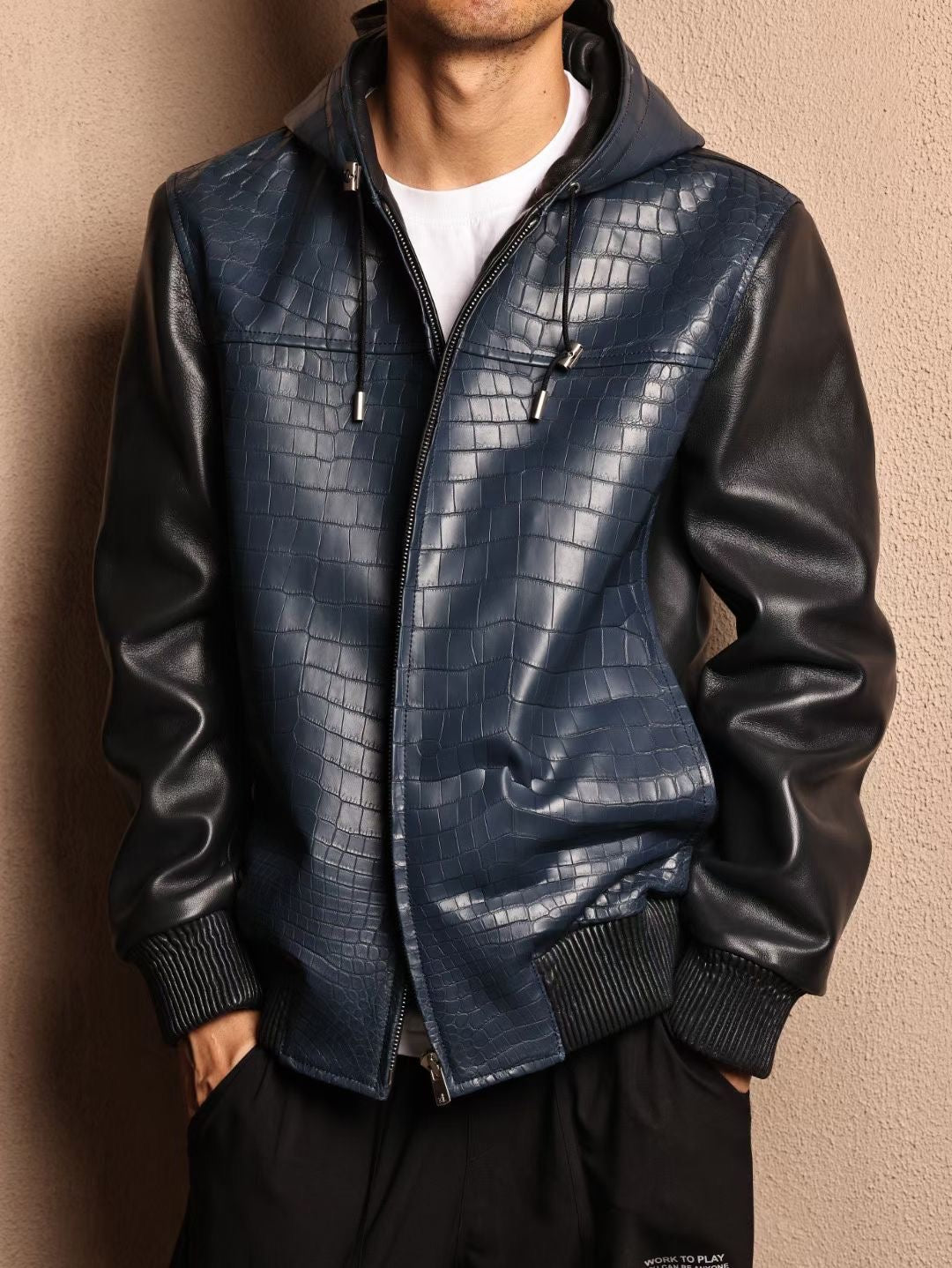 Men's Premium Crocodile Skin Leather Hoodie Jacket , Genuine Lambskin Leather Hoodie Navy Blue