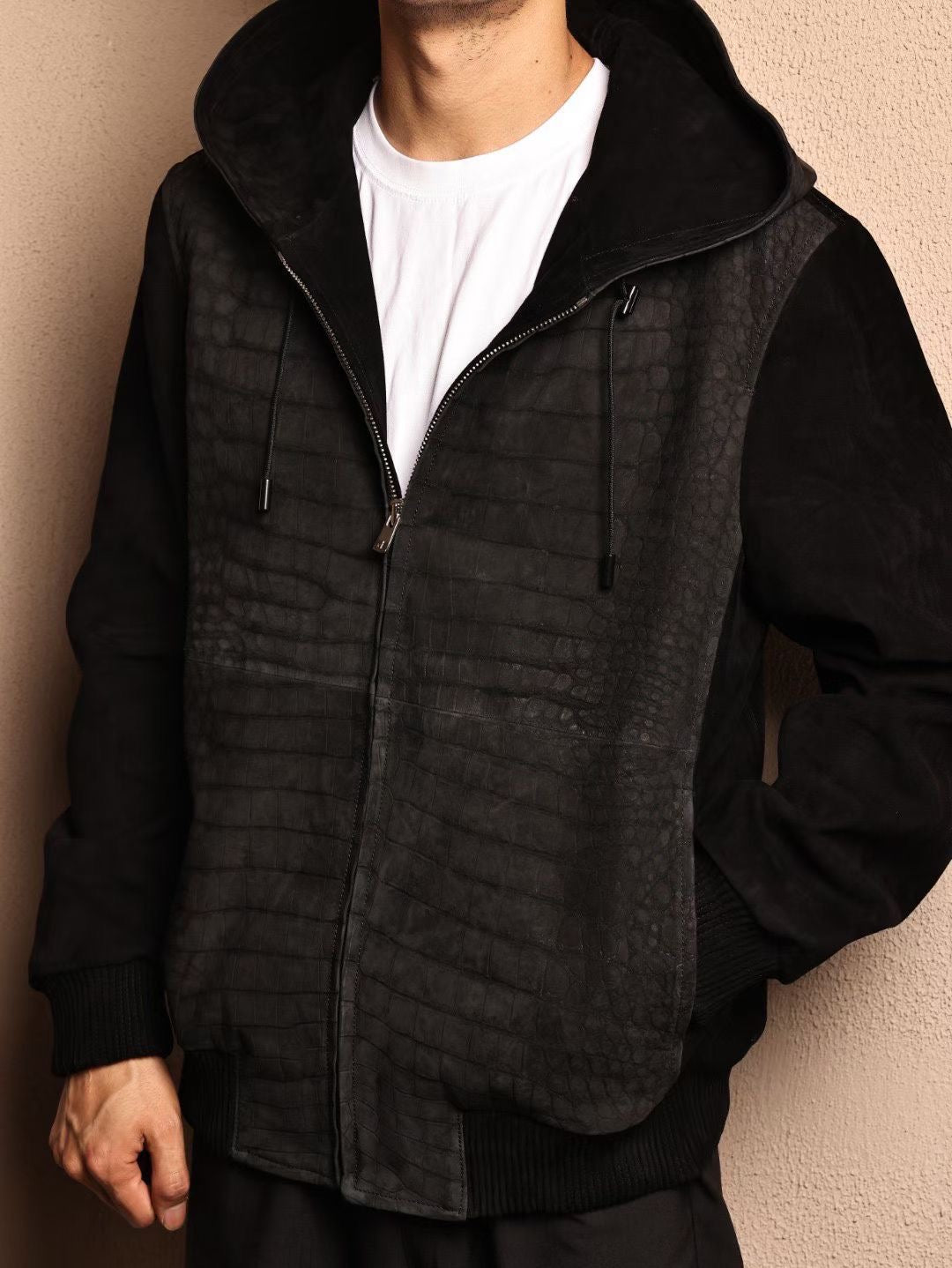 Men's Nubuck Grey Premium Crocodile Skin Leather Hoodie Jacket , Genuine Suede Lambskin Leather Hoodie