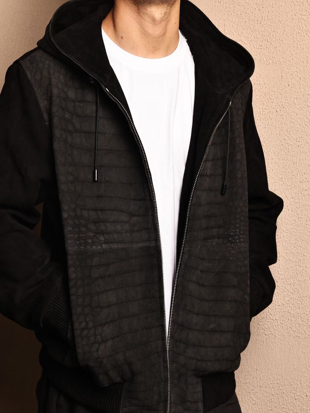 Men's Nubuck Grey Premium Crocodile Skin Leather Hoodie Jacket , Genuine Suede Lambskin Leather Hoodie