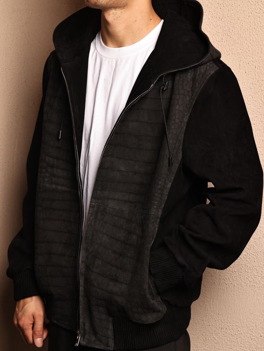 Men's Nubuck Grey Premium Crocodile Skin Leather Hoodie Jacket , Genuine Suede Lambskin Leather Hoodie