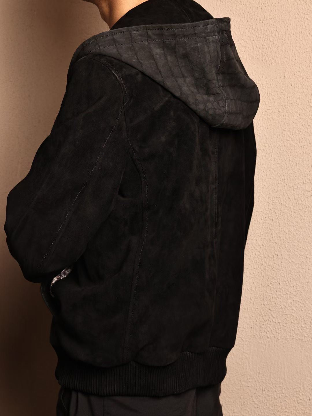 Men's Nubuck Grey Premium Crocodile Skin Leather Hoodie Jacket , Genuine Suede Lambskin Leather Hoodie