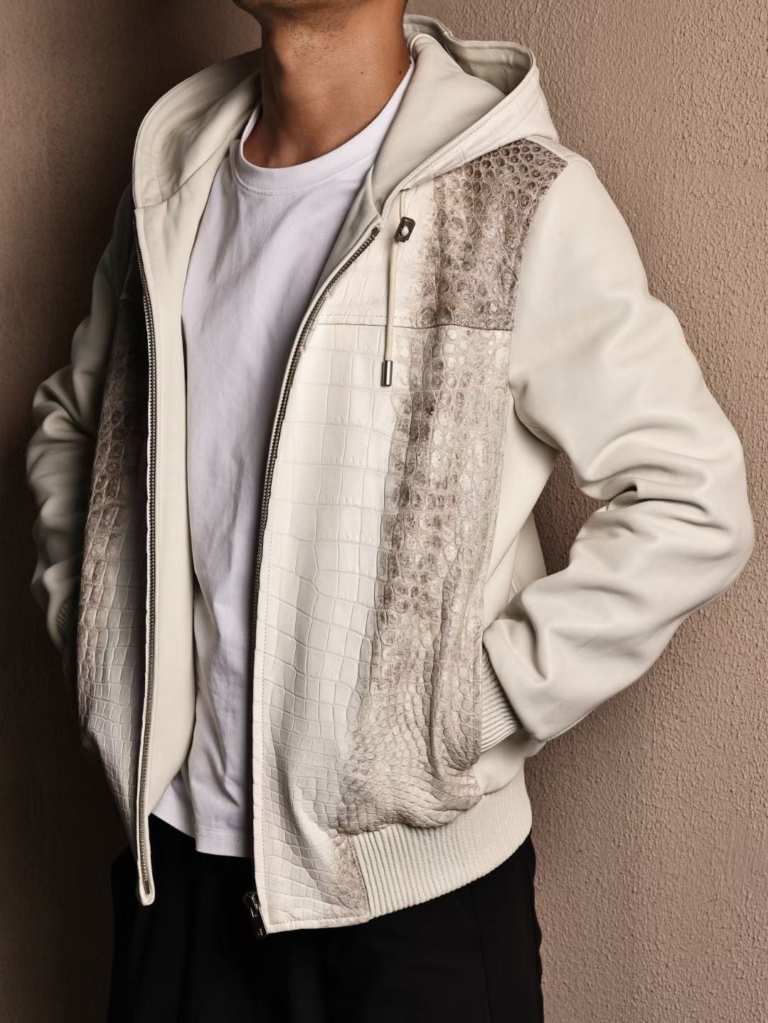 Men's Premium Himalayan Crocodile Skin Leather Hoodie Jacket , Genuine Lambskin Leather Hoodie Himalayan