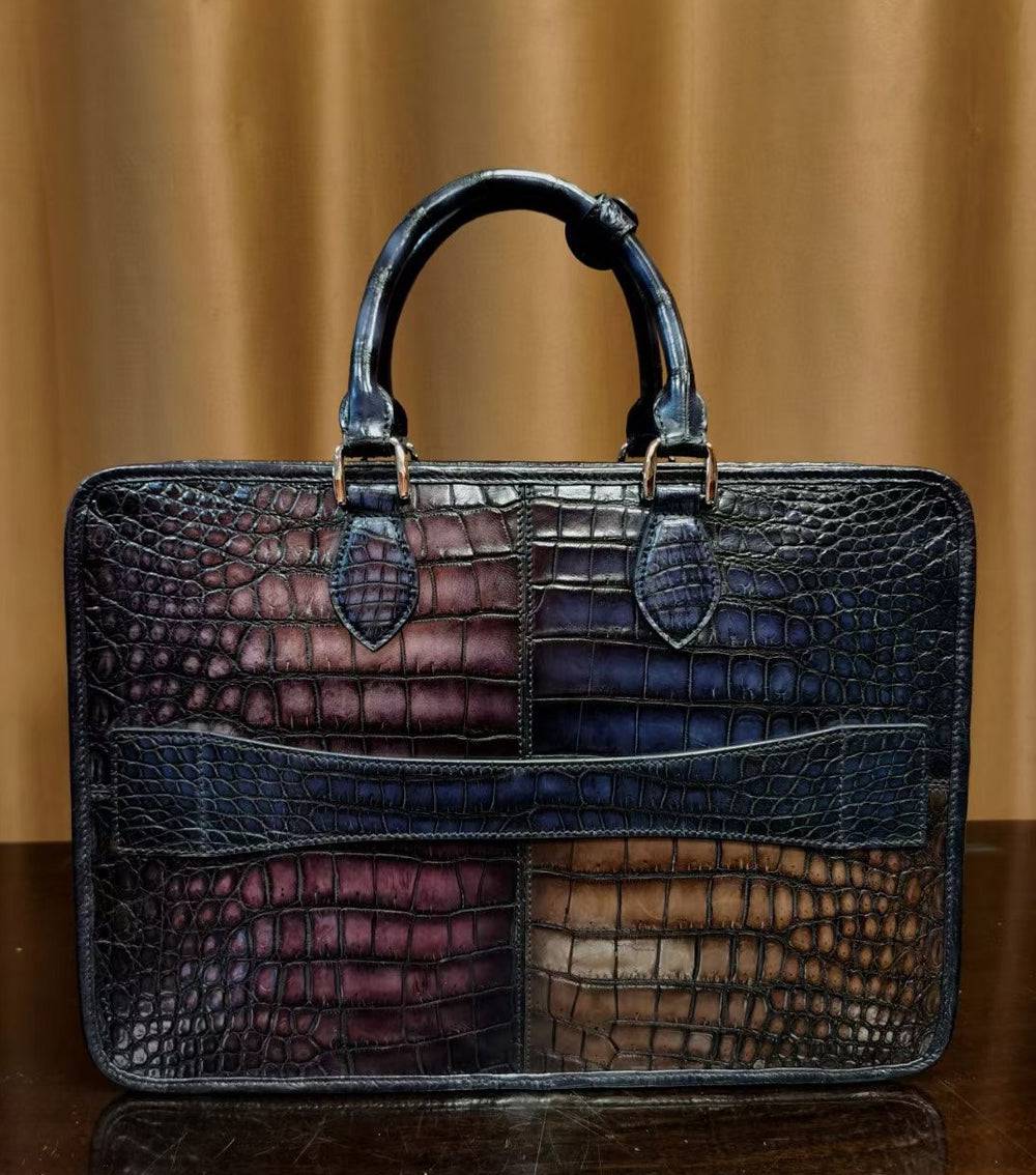 Men's Vintage Multi Color Crocodile Leather Briefcase With Carry on Duffel Bag Trolley Sleeve 38495