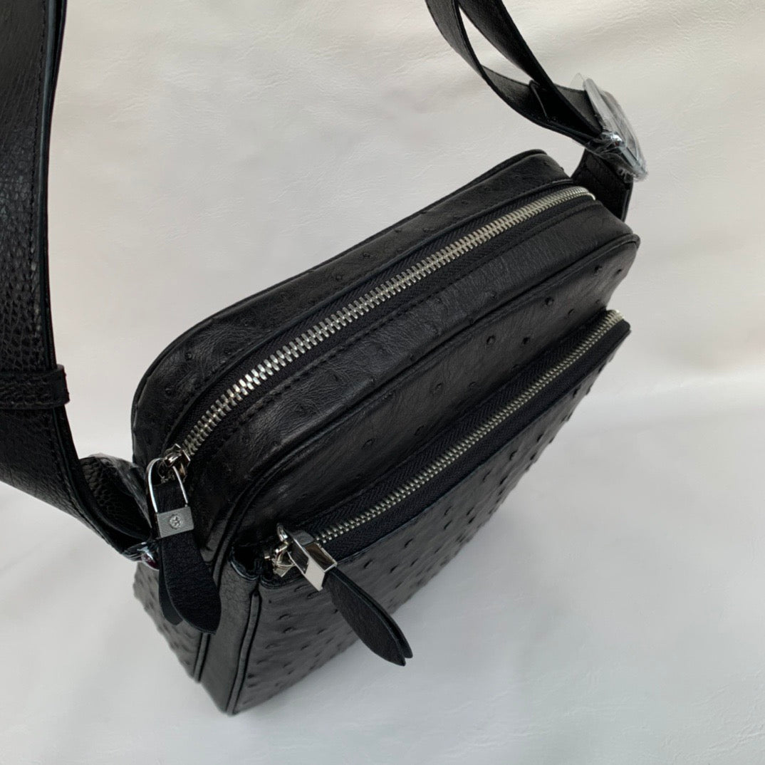 Men's Ostrich Skin Leather Cross Body Messenger Bag Large Volumn
