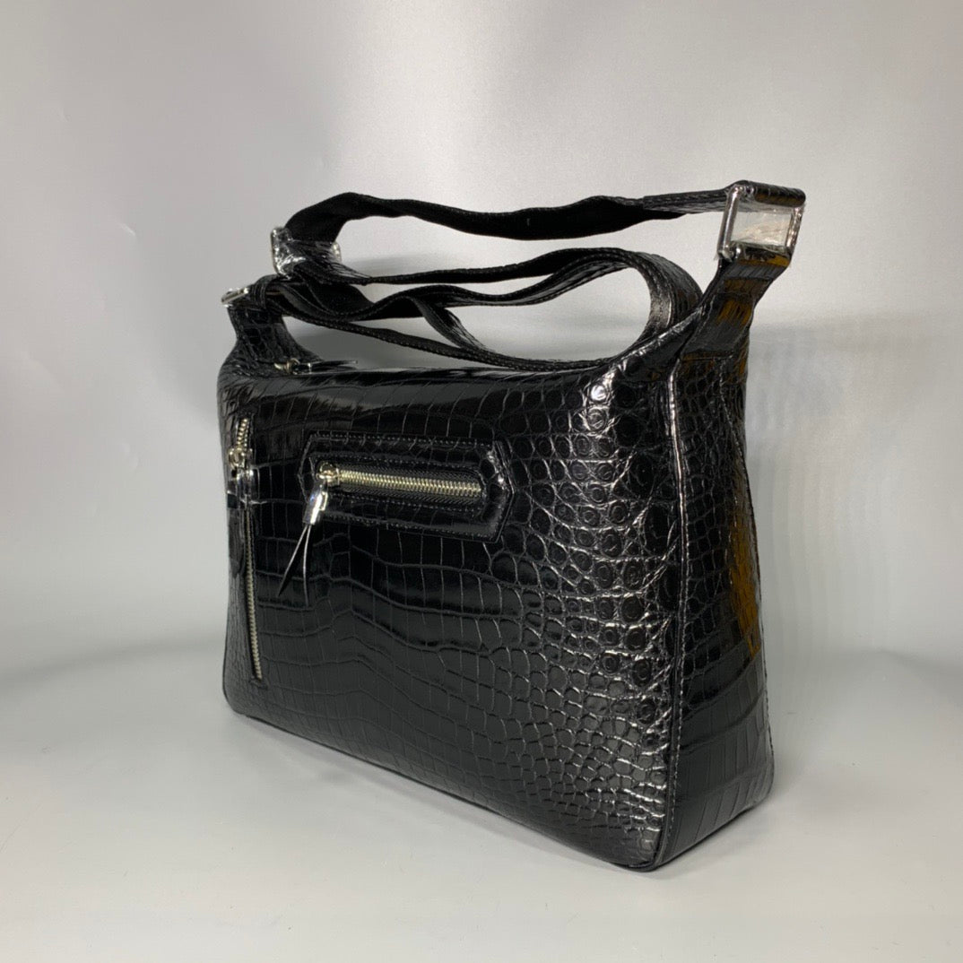 Genuine Crocodile Skin Leather Messenger Cross Body Bag Black