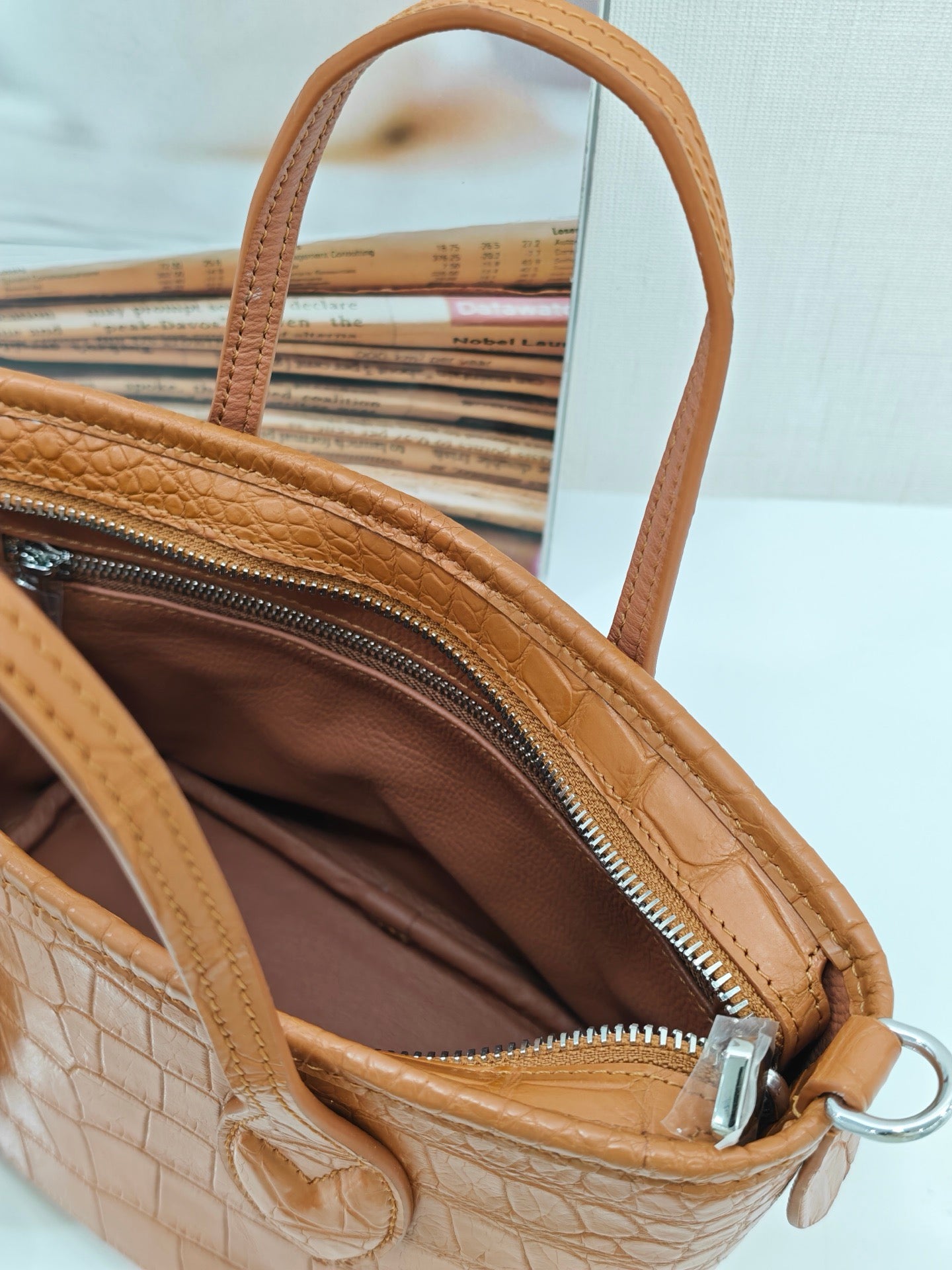 Women's Crocodile Leather Top Handle Bag With Small Round Pouch