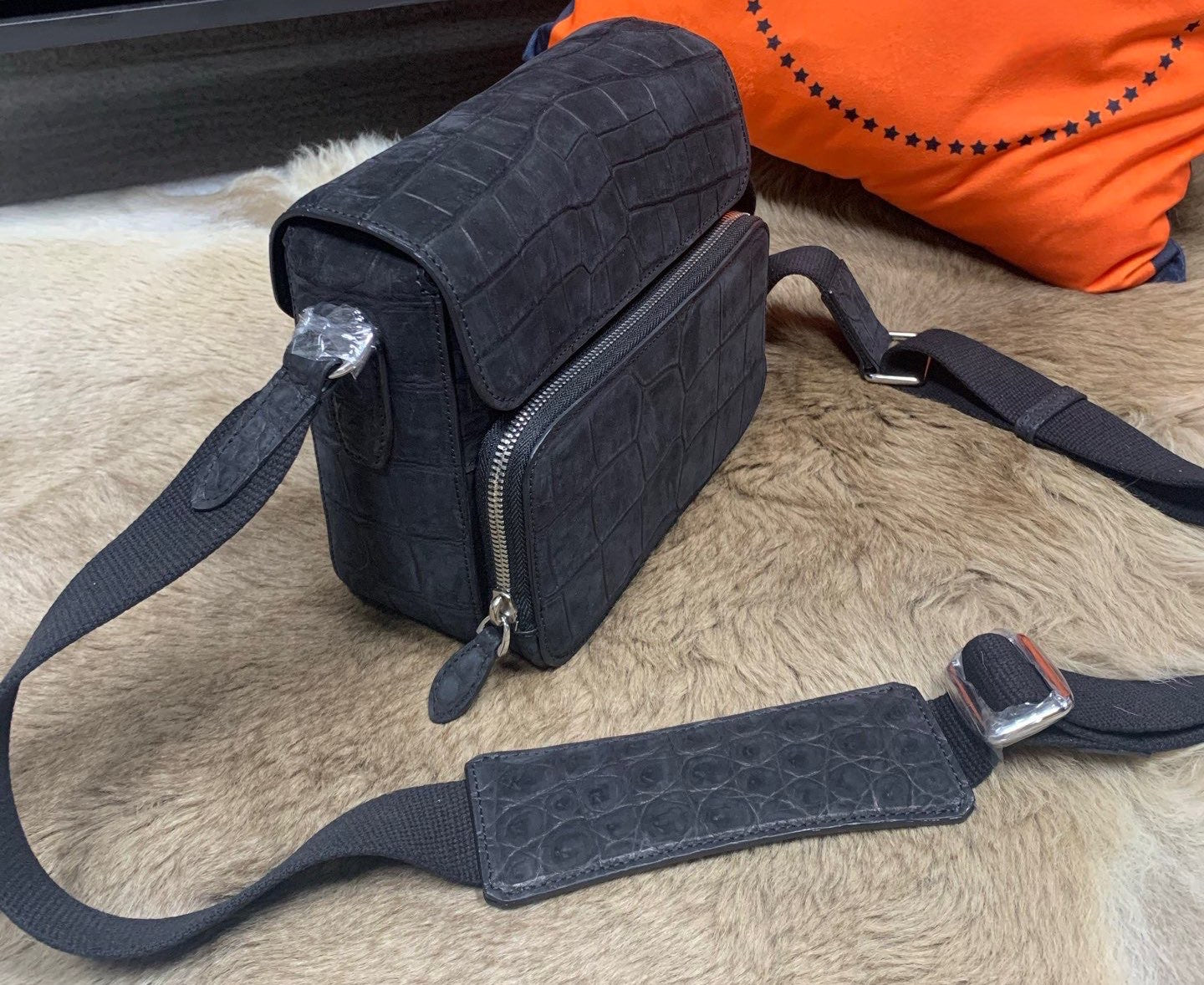 Nubuck Crocodile Leather Cross Body Shoulder Bag Small