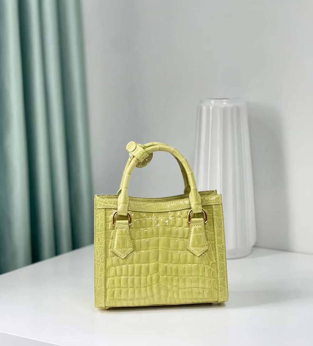 Womens Beaded Shiny Crocodile Leather Top Handle Bag Yellow