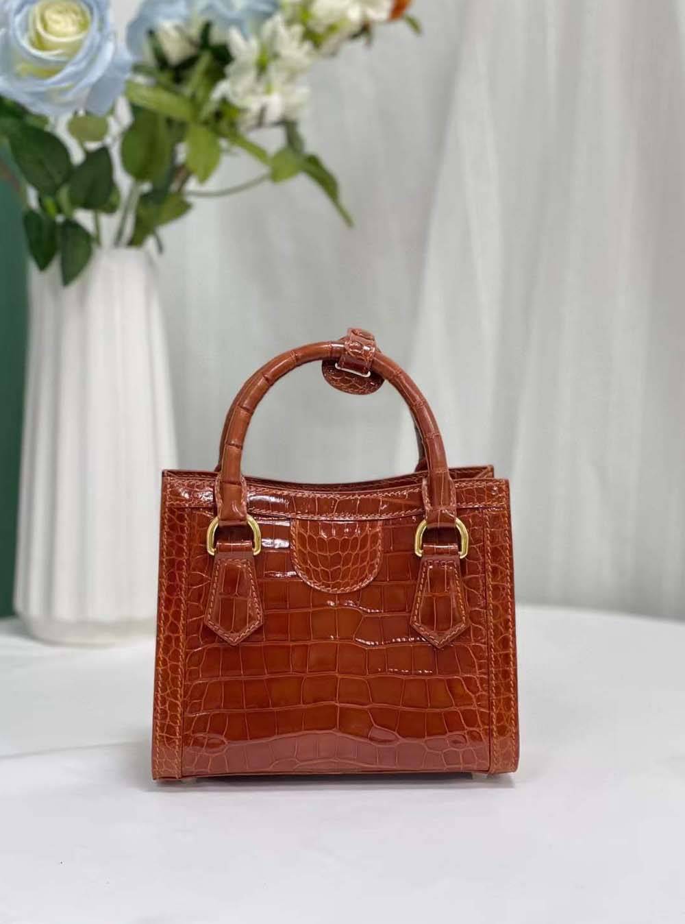 Womens Shiny Crocodile Leather Top Handle Bag Brown