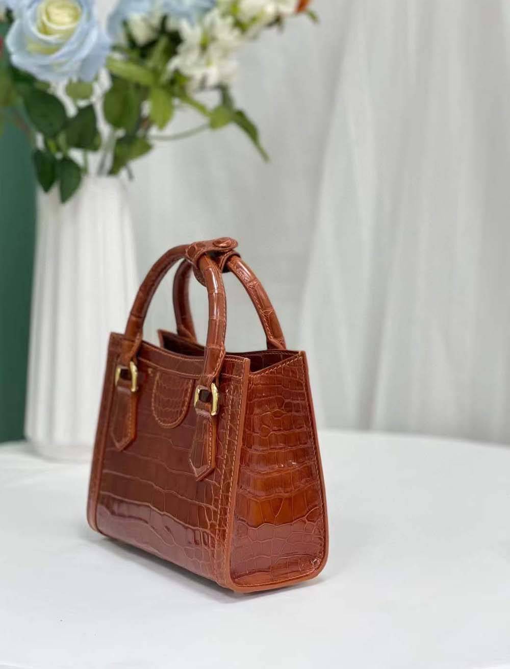 Womens Shiny Crocodile Leather Top Handle Bag Brown