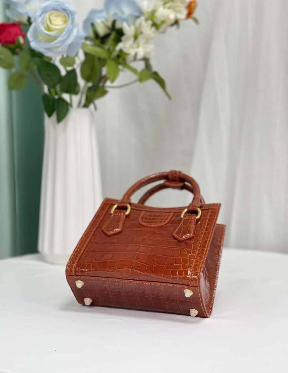 Womens Shiny Crocodile Leather Top Handle Bag Brown