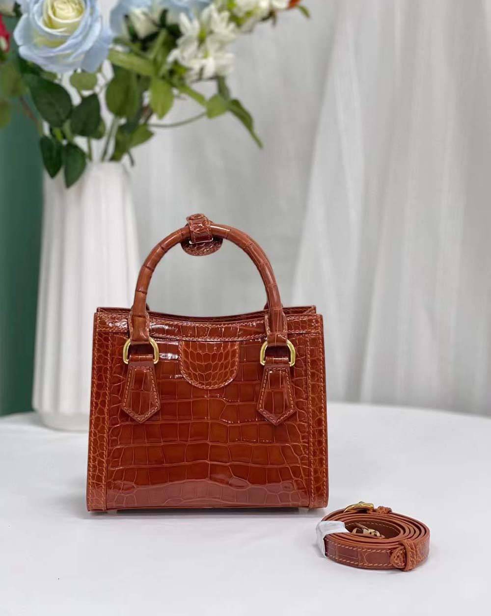 Womens Shiny Crocodile Leather Top Handle Bag Brown