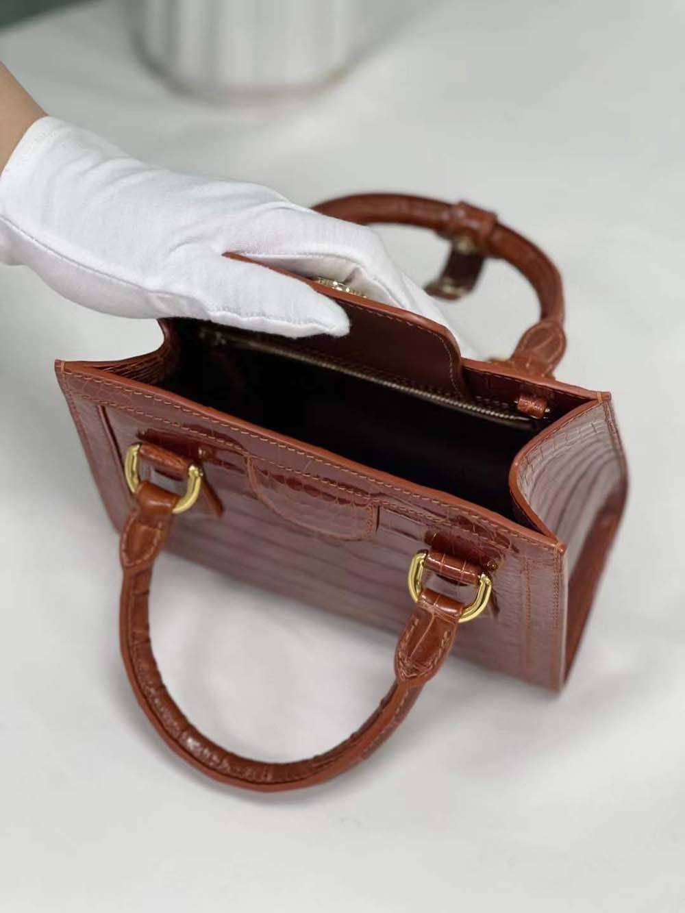 Womens Shiny Crocodile Leather Top Handle Bag Brown