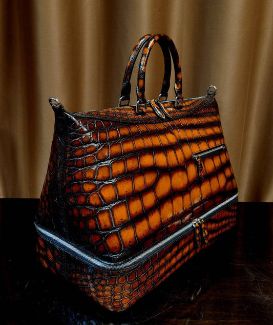 Unisex Vintage Brown Color Crocodile Leather Large Travel Duffel Bag