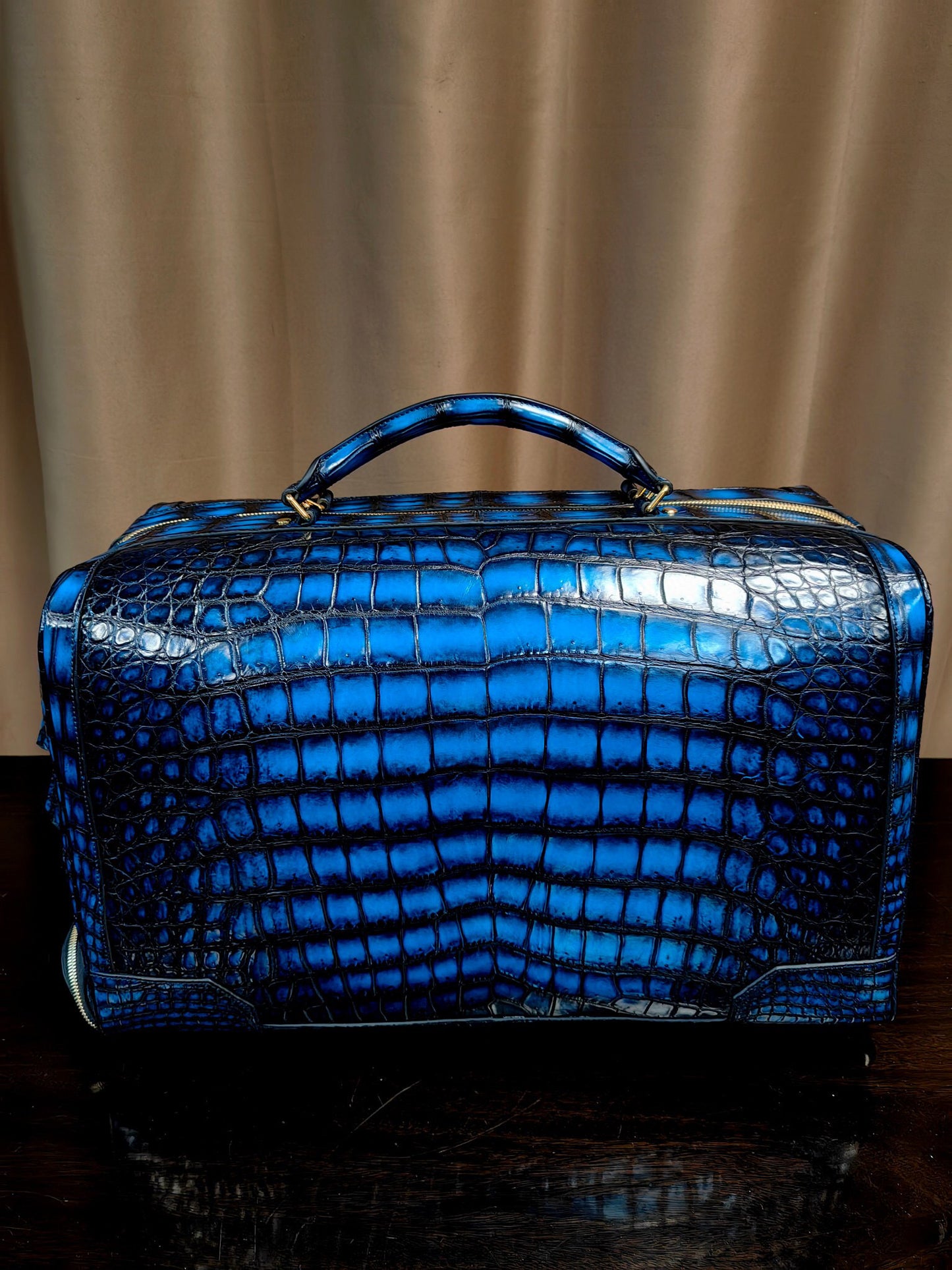 Genuine Crocodile Skin Leather Large Duffel Roller Handle Shoulder Business Travel  Bag Vintage Blue