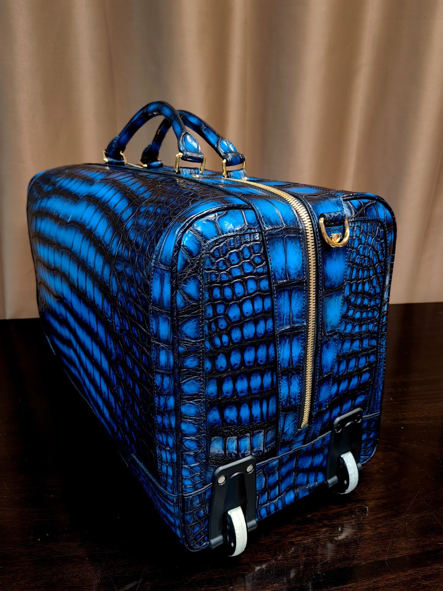 Genuine Crocodile Skin Leather Large Duffel Roller Handle Shoulder Business Travel  Bag Vintage Blue