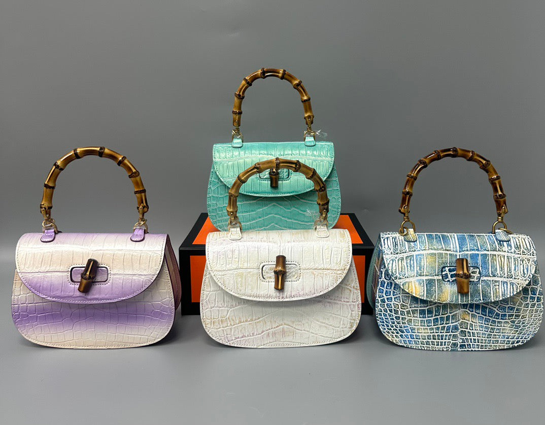 Brushed Crocodile Skin Leather Bamboo Top Handle Cross Body Bag