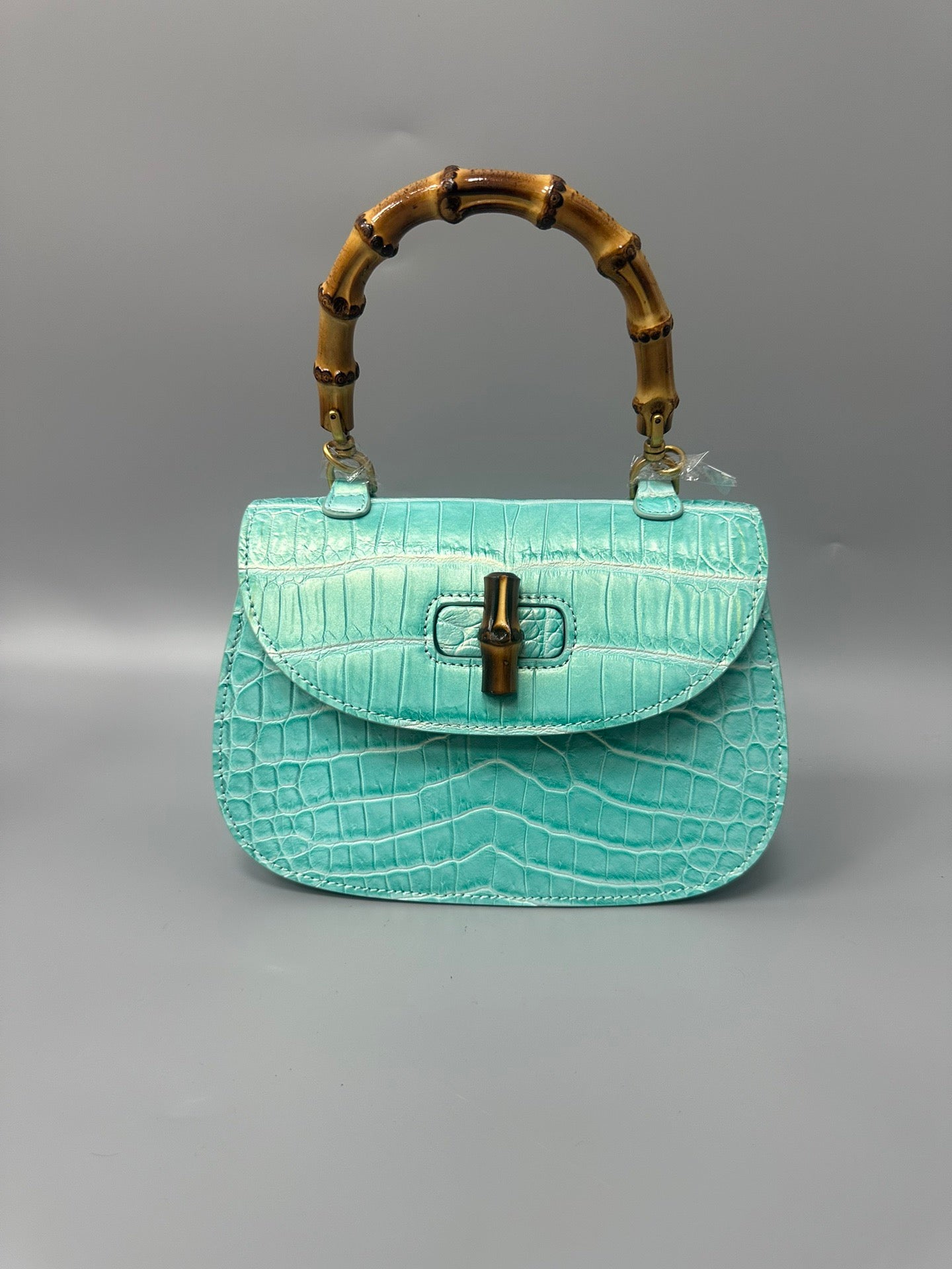 Brushed Crocodile Skin Leather Bamboo Top Handle Cross Body Bag