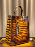 Large Crocodile Leather Laptop Business Briefcase Shopper Tote Bag Vintage Amber Yellow
