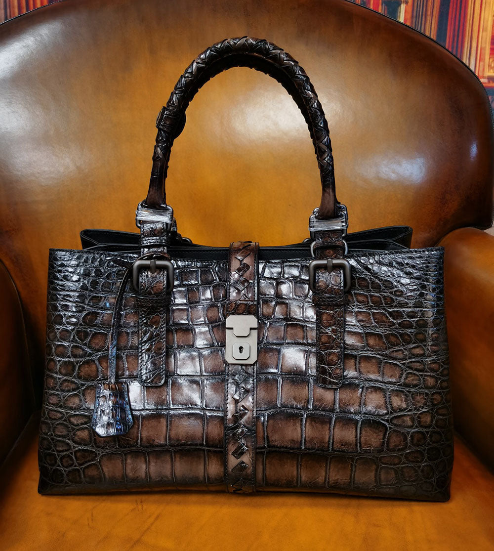 Unisex Vintage Genuine Crocodile Leather Travel Tote Bag