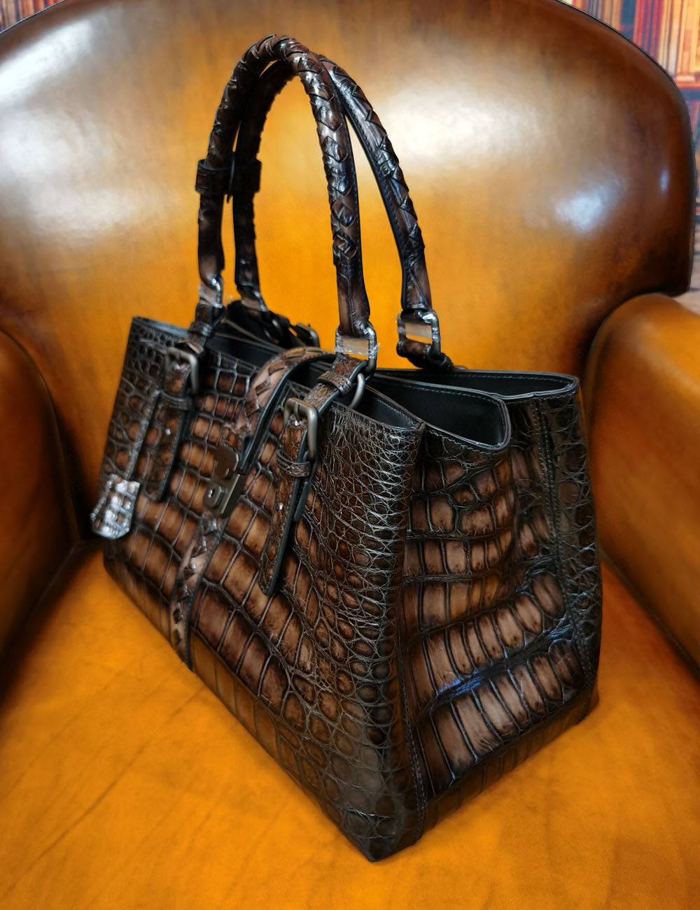 Unisex Vintage Genuine Crocodile Leather Travel Tote Bag