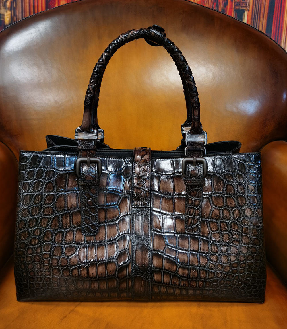 Unisex Vintage Genuine Crocodile Leather Travel Tote Bag