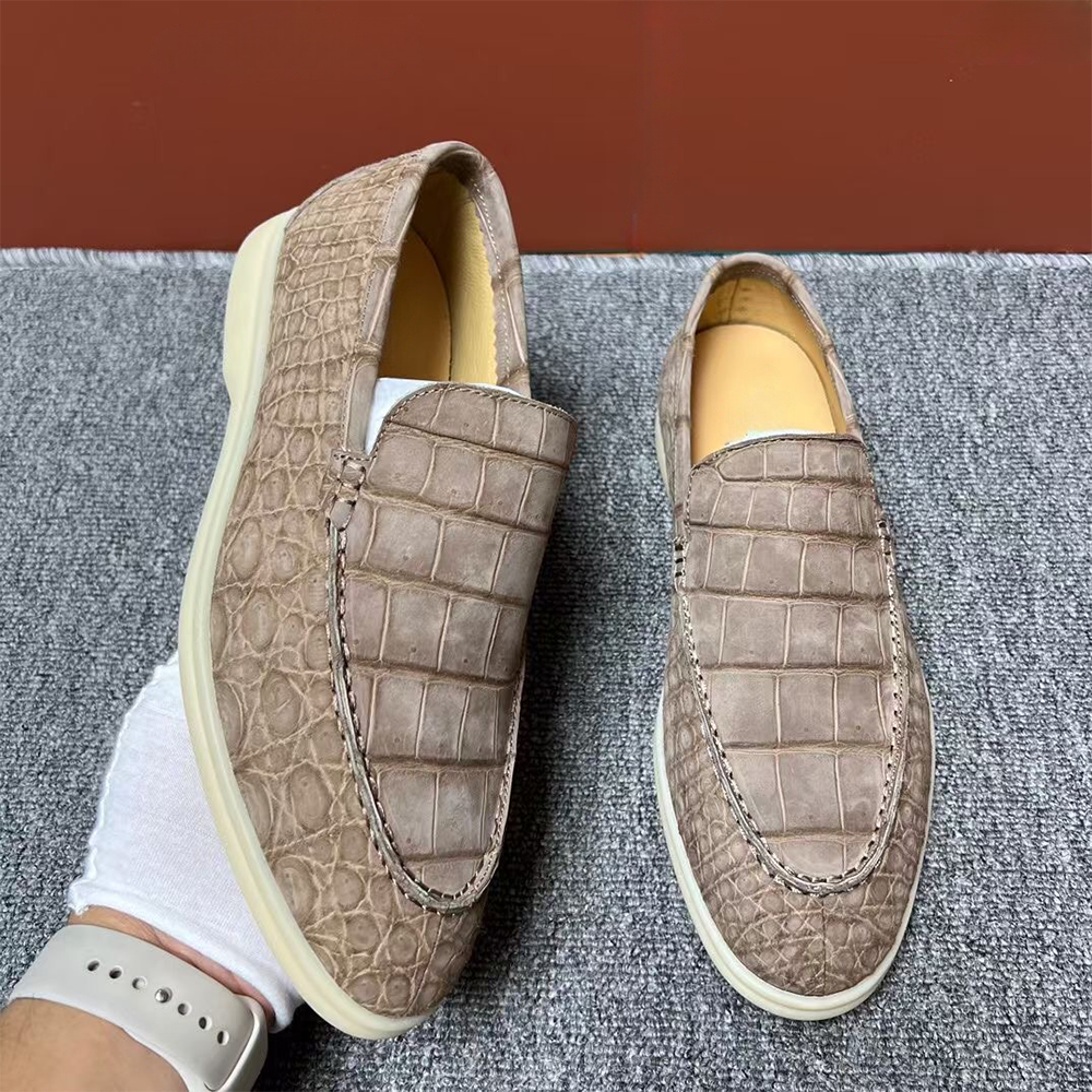 Suede Crocodile Shoes Men's Crocodile Leather Loafers Slip-On Dress Shoes Very Comfortable Beige