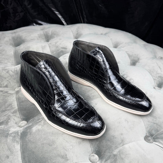 Crocodile Boots, Men's Crocodile Leather  Slip-On Boots Black