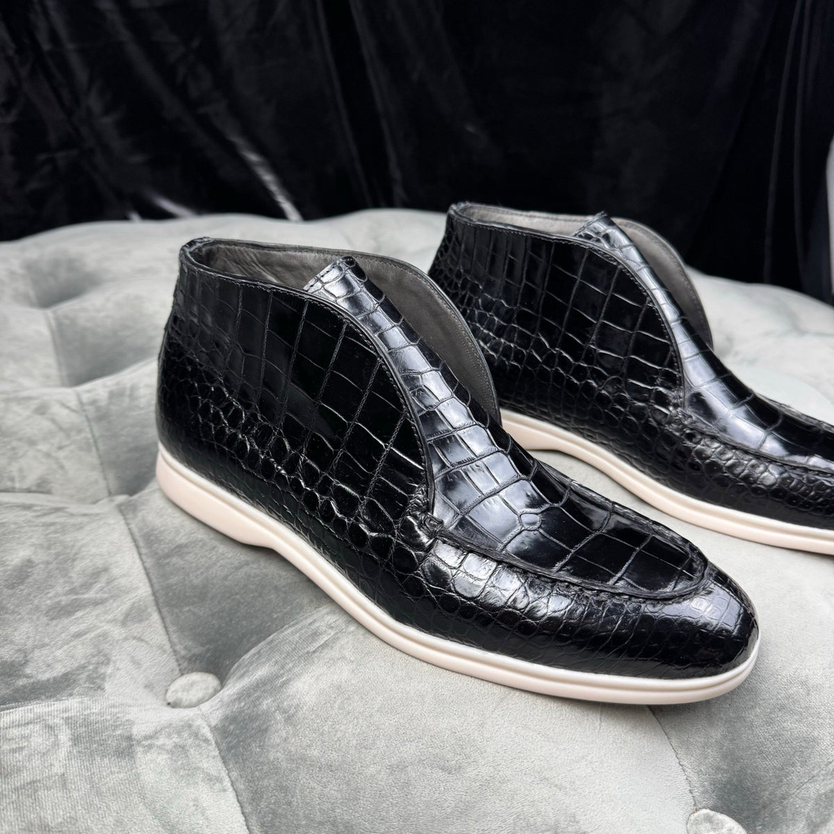 Crocodile Boots, Men's Crocodile Leather Slip-On Boots Black