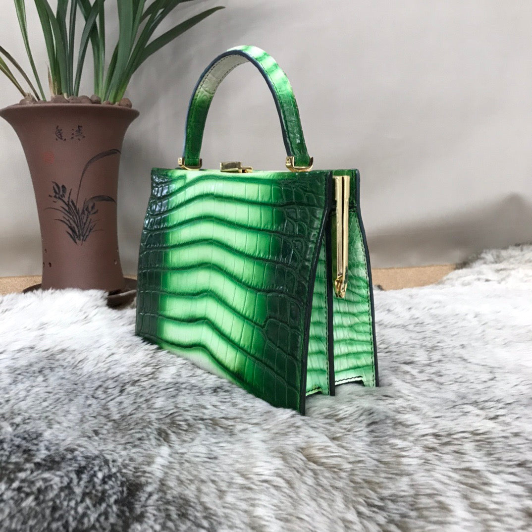 Vintage Crocodile Leather Evening Purse Top Handle Clutch Bag
