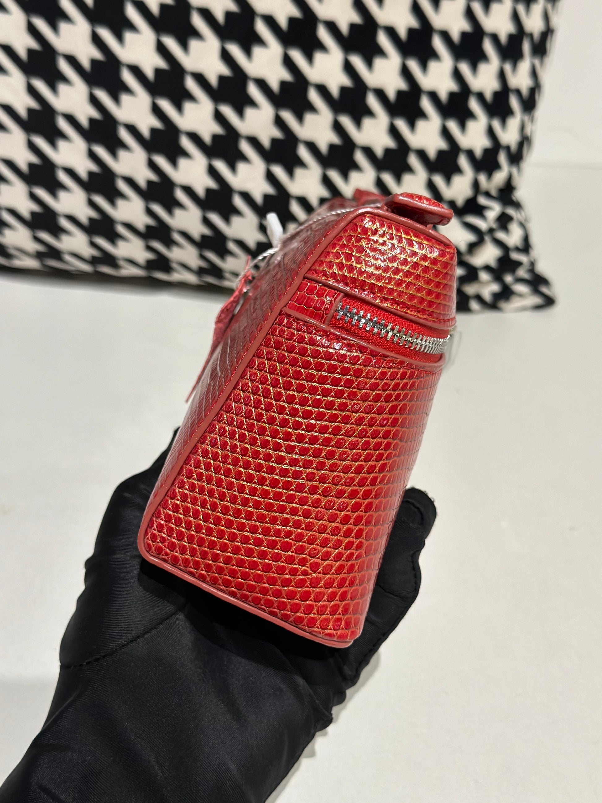 Genuine Lizard Skin Leather Zipper Cosmetic Handle Bag