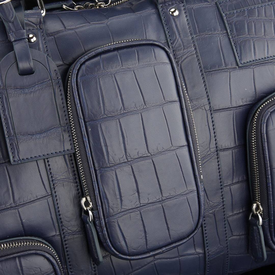 Men's Crocodile Leather Travel Duffel Holdall Bag Dark Blue