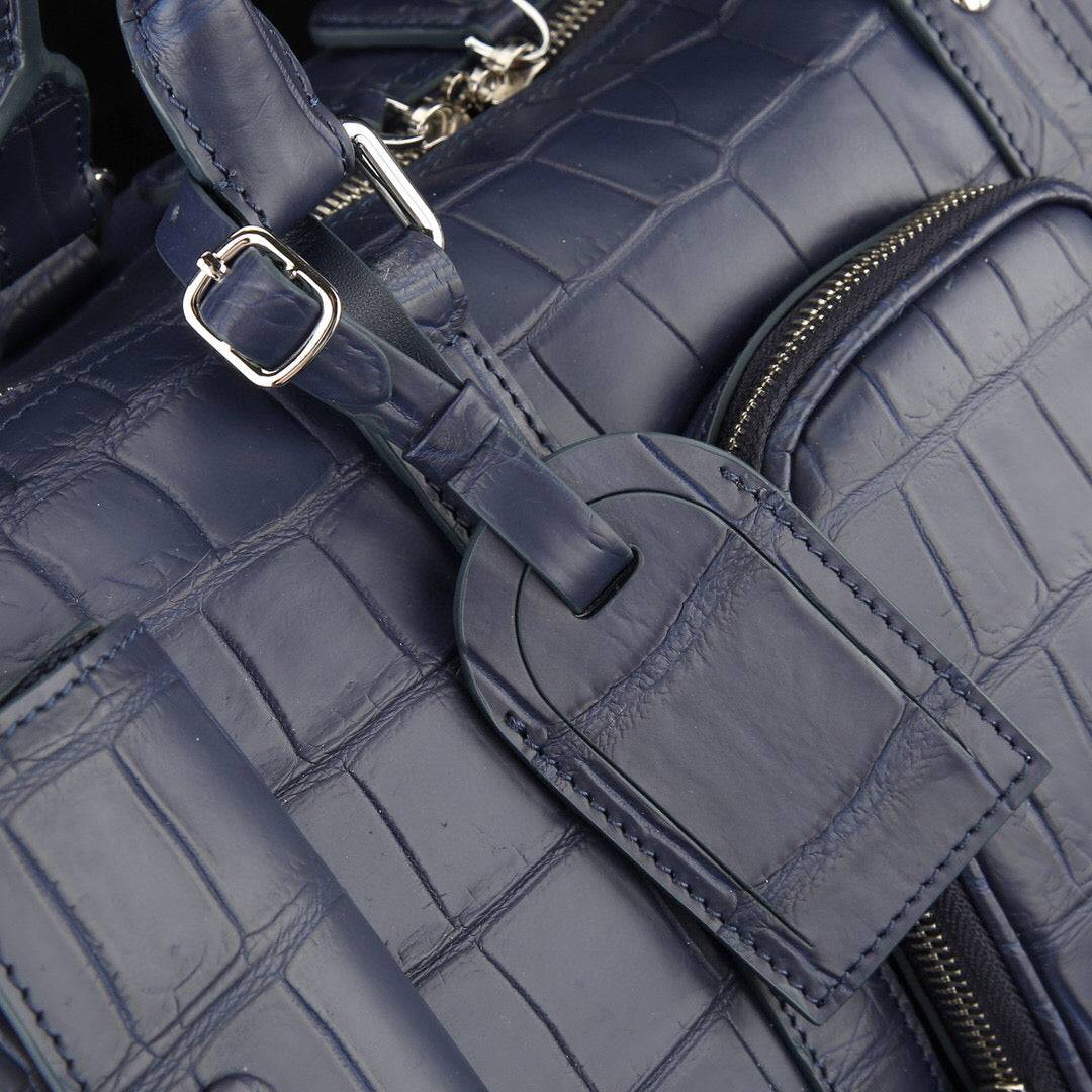 Men's Crocodile Leather Travel Duffel Holdall Bag Dark Blue