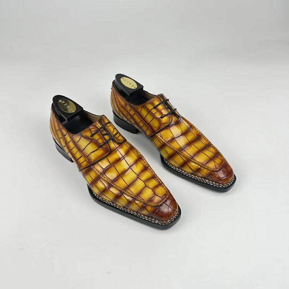 Crocodile Shoes Men's Crocodile Leather Norwegian Stitching  Fiddleback Sole  Lace Up Dress Shoes Vintage Amber Yellow