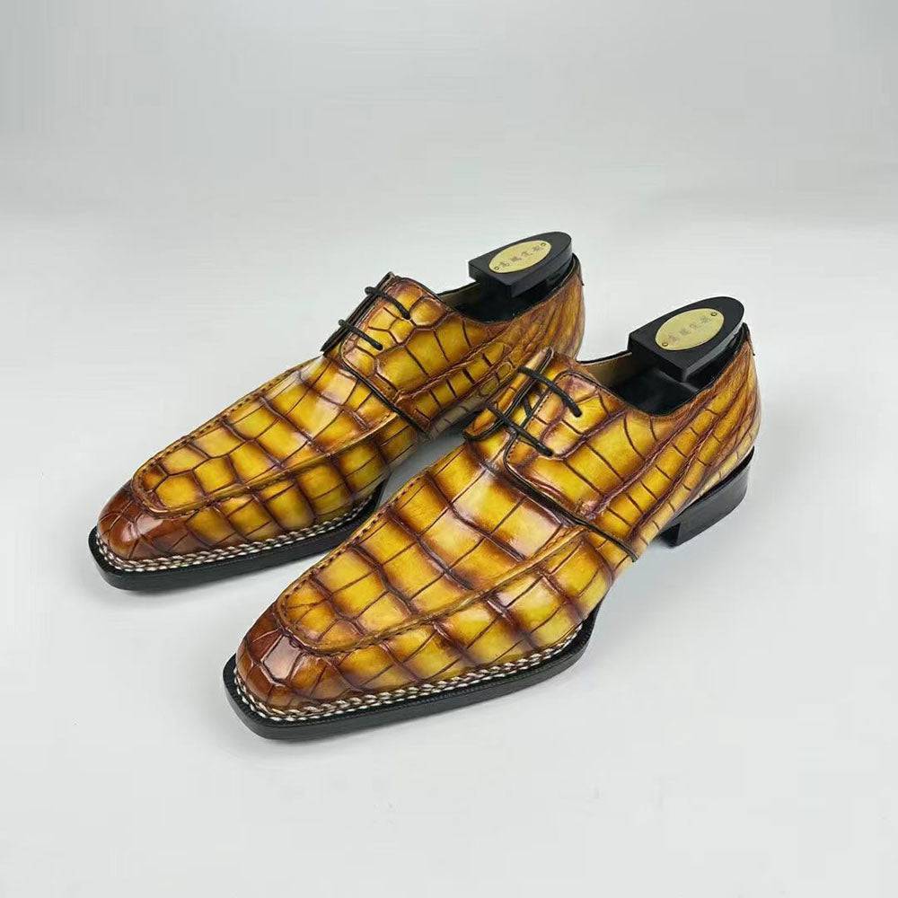 Crocodile Shoes Men's Crocodile Leather Norwegian Stitching  Fiddleback Sole  Lace Up Dress Shoes Vintage Amber Yellow