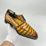 Crocodile Shoes Men's Crocodile Leather Norwegian Stitching  Fiddleback Sole  Lace Up Dress Shoes Vintage Amber Yellow