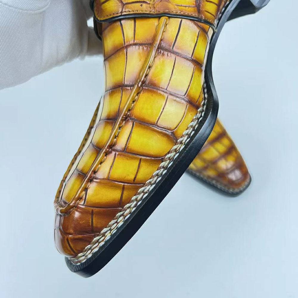 Crocodile Shoes Men's Crocodile Leather Norwegian Stitching  Fiddleback Sole  Lace Up Dress Shoes Vintage Amber Yellow