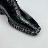 Crocodile Shoes Men's Crocodile Leather Norwegian Sewn Seam 4 Lines Sole  Lace Up Dress Shoes Black