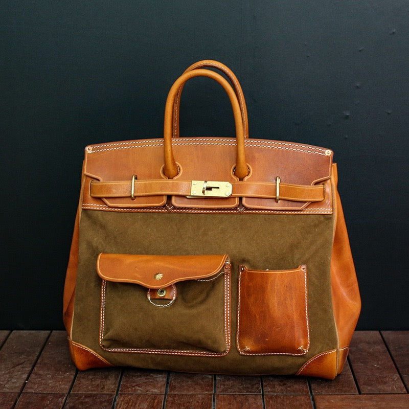 Unisex New Oversize Genuine Vintage Oil Wax Leather Top Handle Canvas Bag