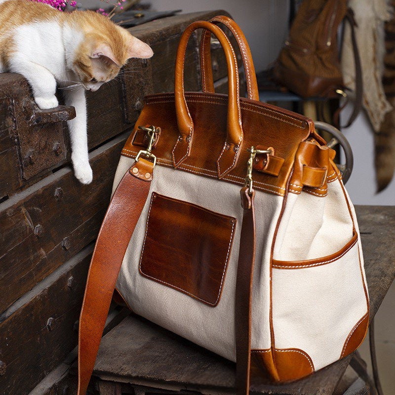 Preorder Womens Genuine Crocodile Skin Top Handle Canvas Bag Large