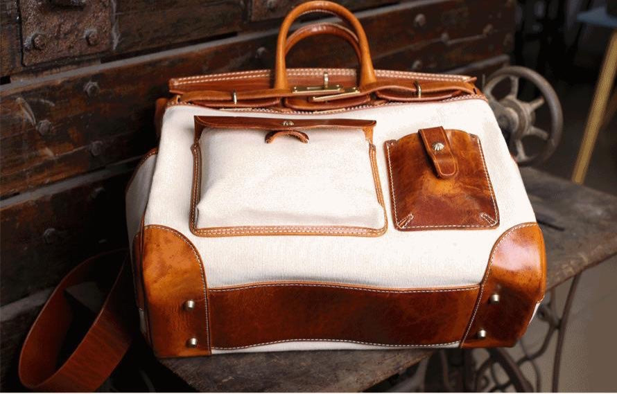 Unisex New Oversize Genuine Vintage Oil Wax Leather Top Handle Canvas Bag