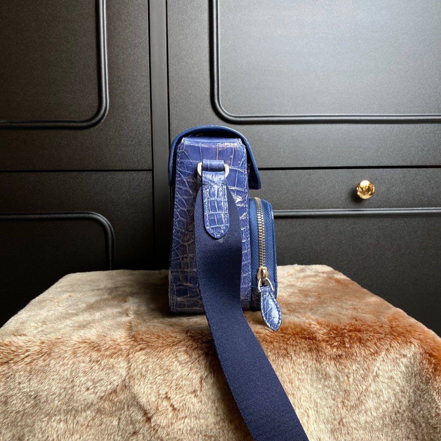 High Shiny Genuine Crocodile Skin Leather Cross Body Shoulder Bag Blue