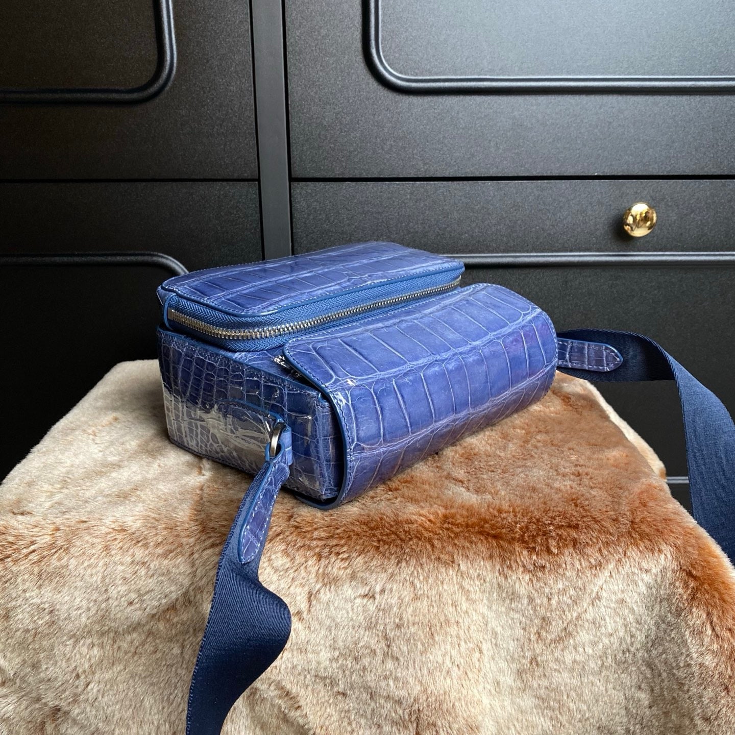 High Shiny Genuine Crocodile Skin Leather Cross Body Shoulder Bag Blue