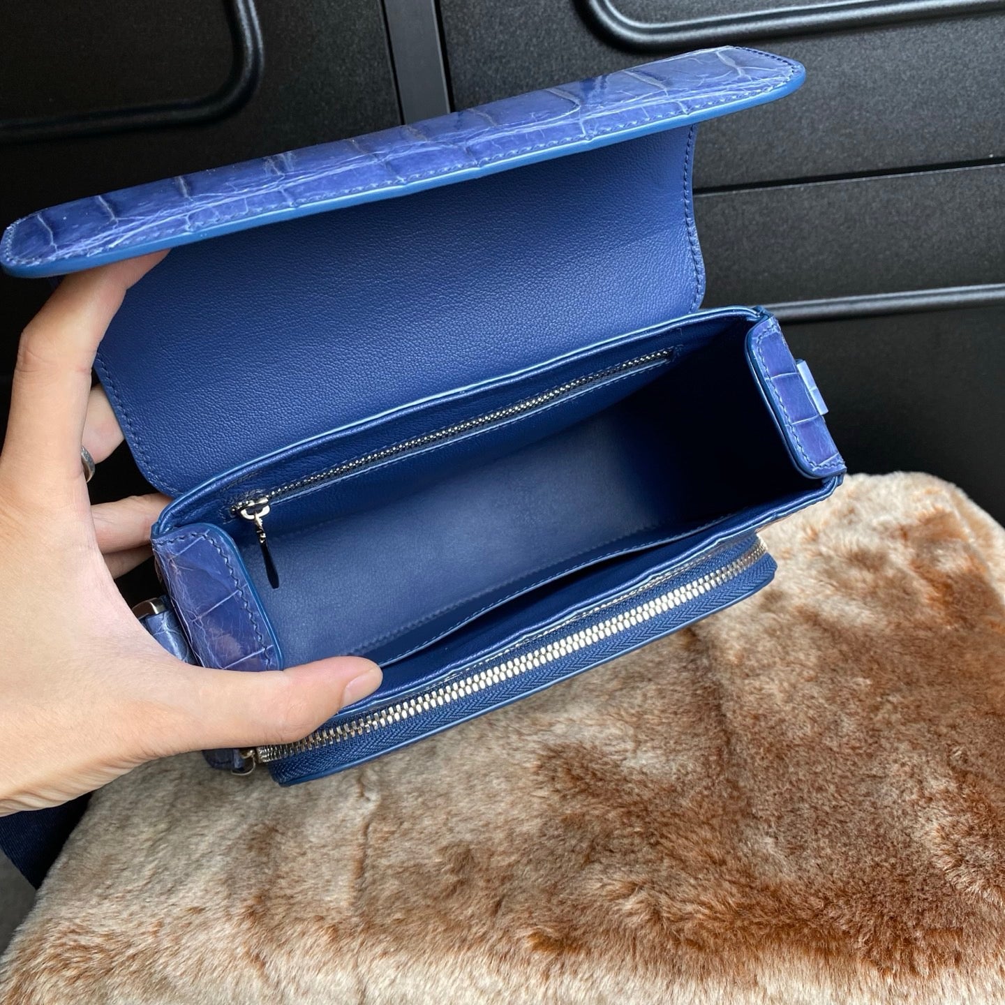 High Shiny Genuine Crocodile Skin Leather Cross Body Shoulder Bag Blue