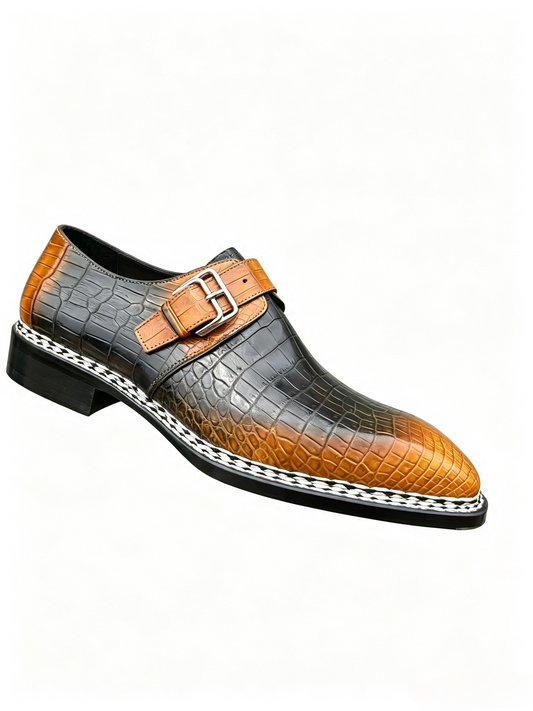 Crocodile Shoes,  Men's Vintage Crocodile Leather Monk Strap Business Dress Shoes