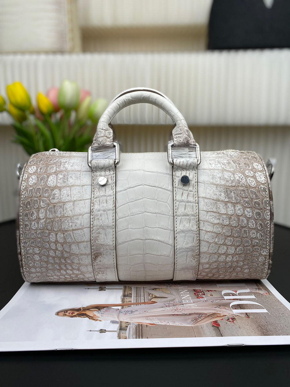 Unisex Himalaya White Genuine Crocodile Skin Leather Boston Satchel Bag