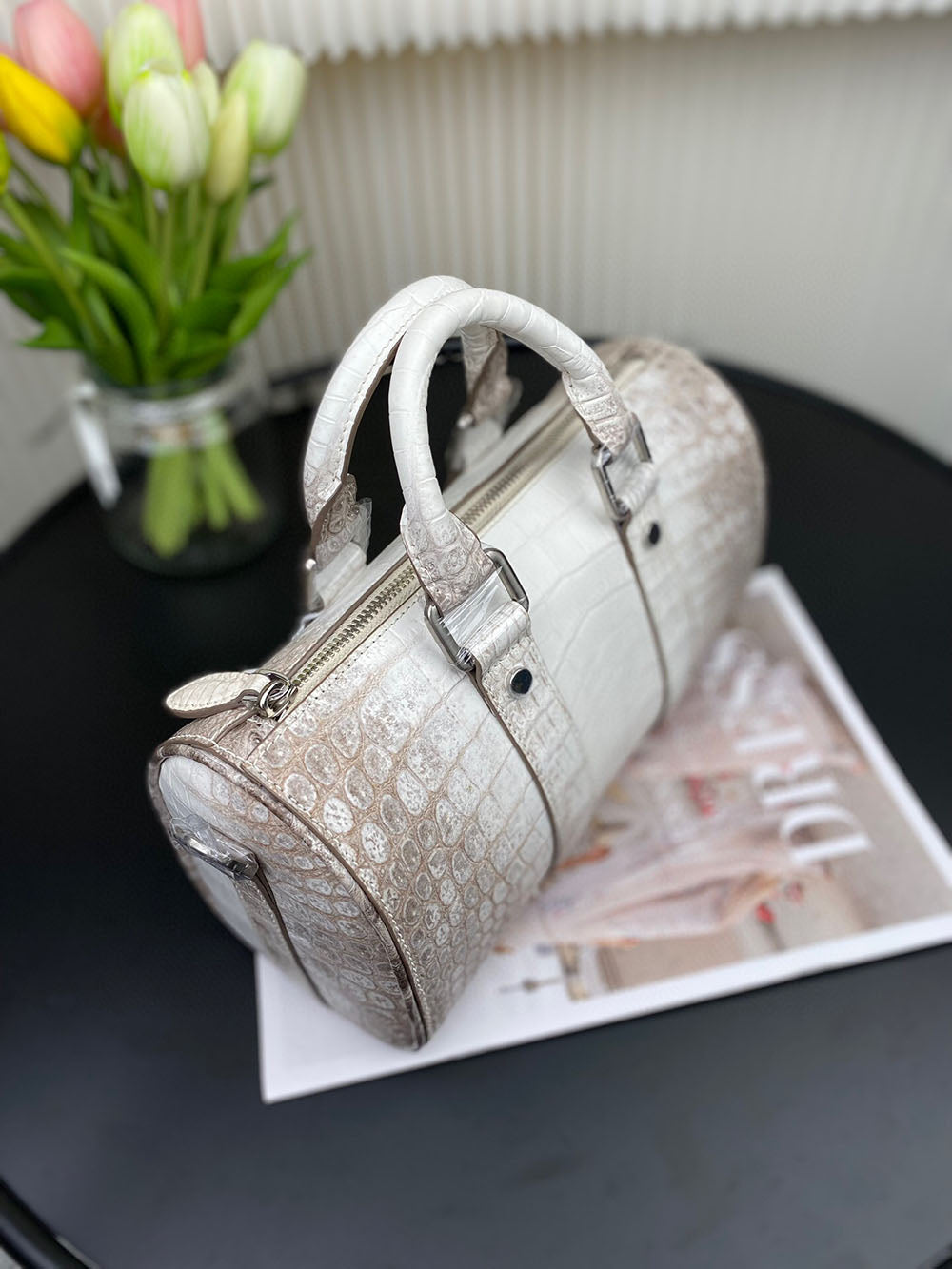 Unisex Himalaya White Genuine Crocodile Skin Leather Boston Satchel Bag