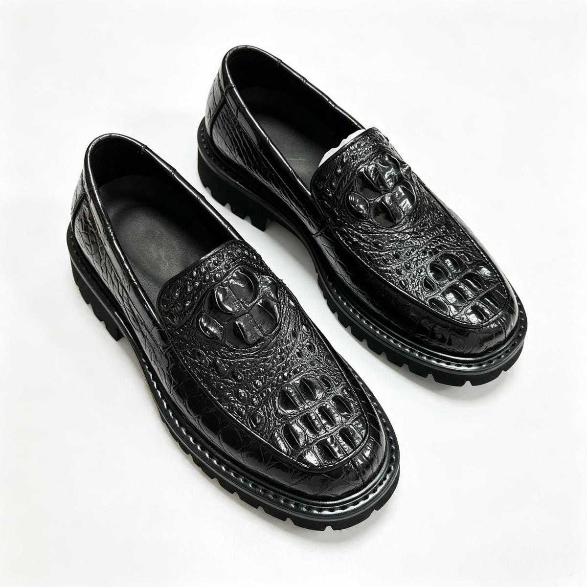 Crocodile Shoes, Men's Crocodile Back Leather Slip-On Loafer Shoes Black