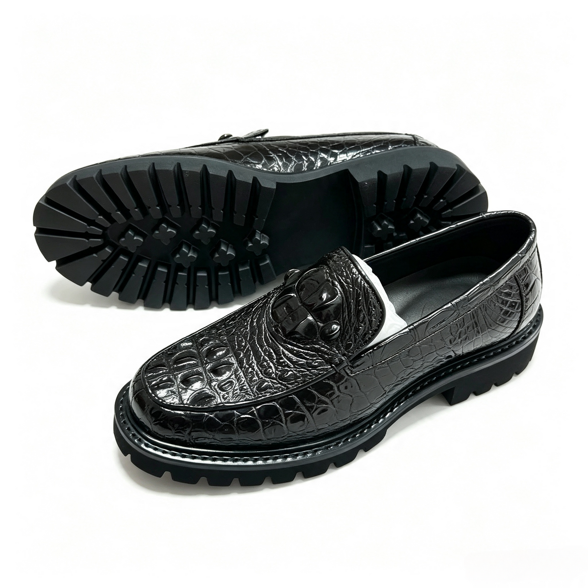 Crocodile Shoes, Men's Crocodile Back Leather Slip-On Loafer Shoes Black