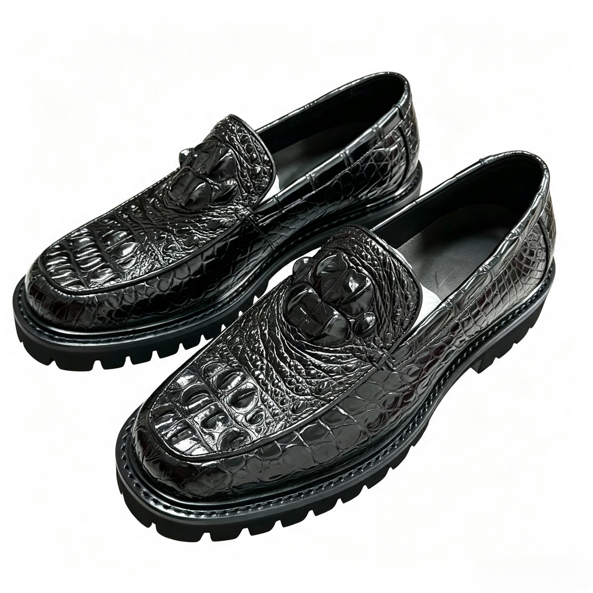 Crocodile Shoes, Men's Crocodile Back Leather Slip-On Loafer Shoes Black